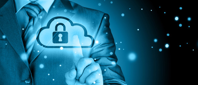  A man gestures towards a cloud featuring a padlock symbol, illustrating the intersection of cloud computing and security.