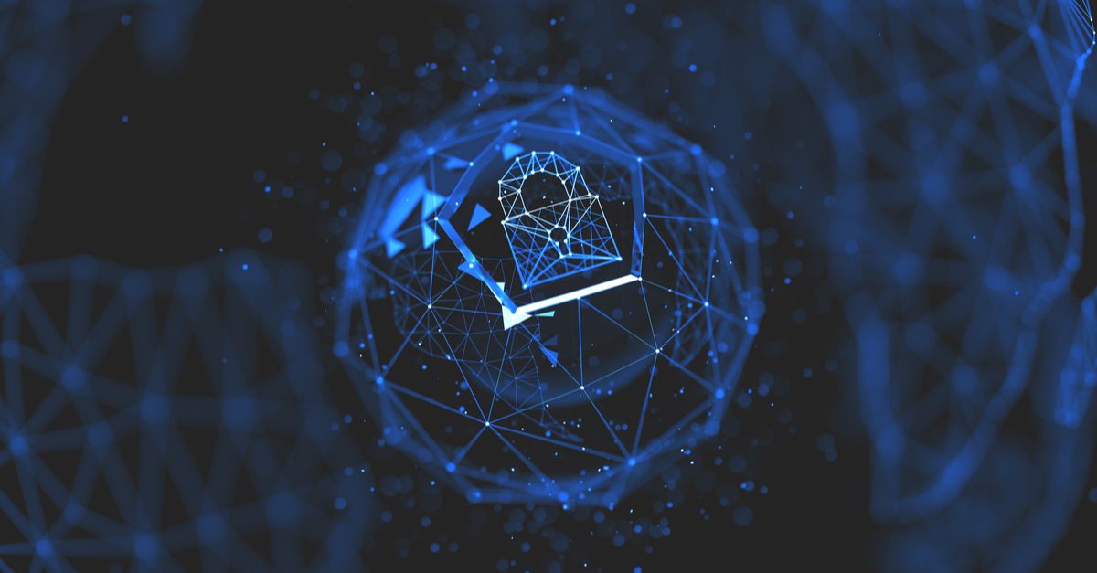  A blue and black abstract image with a central padlock symbolizing security.