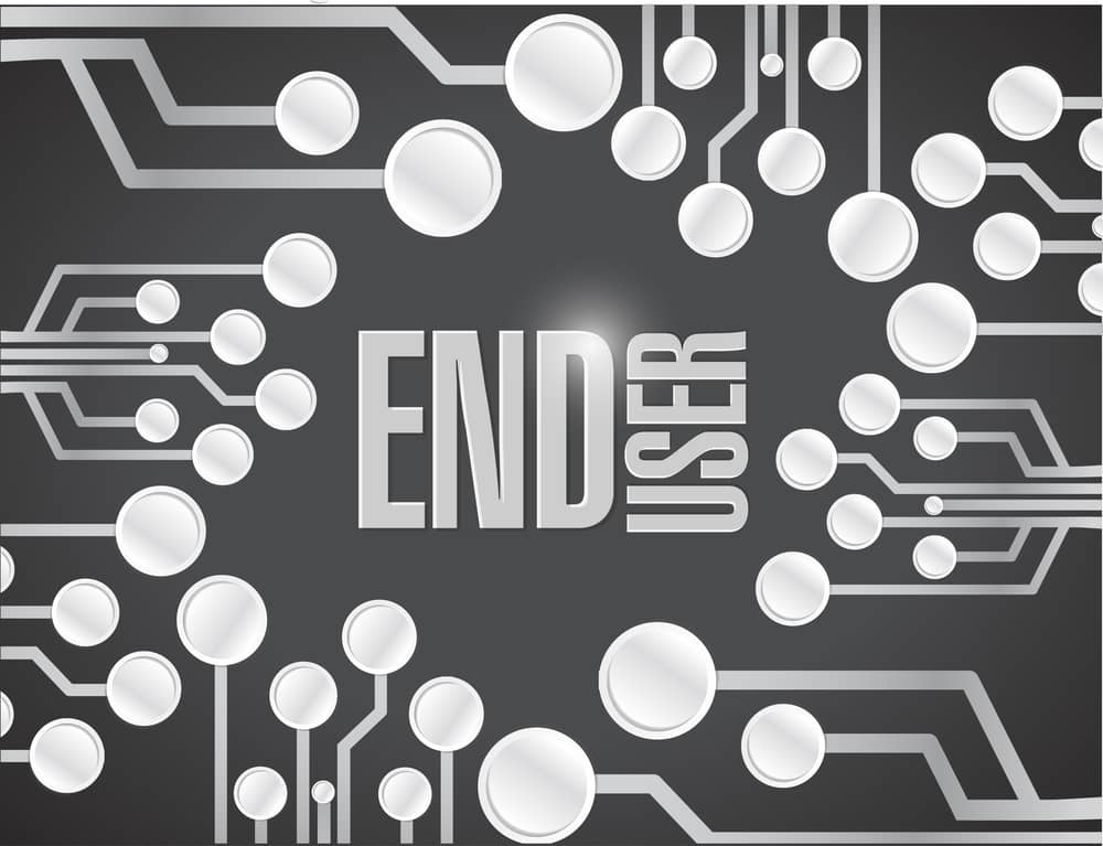  Vector illustration depicting end user technology concepts, featuring devices and digital interfaces in a modern design.