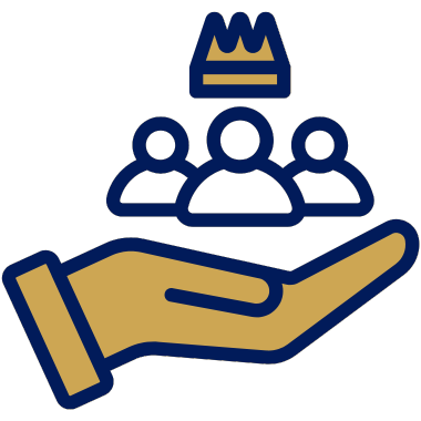 Hand supporting a group of three people with a crown above them symbolizing trust or leadership.
